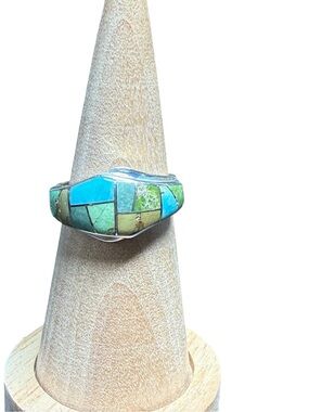 Turquoise Mosaic Inlay Sterling Ring - Green & Blue